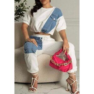 Contrast Denim‎ Crop Top and Drawstring 2 Piece Pant Set Size Large RefI012